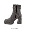 Square Toe Chunky Heels Side zipper Turned Over Short Plush Ankle Highs Boots - Black White Microfiber