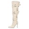 Pointed Toe Buckle Straps Over The Knee Thigh High Stiletto Heels Boots - Beige Canvas
