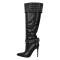 Pointed Toe Stiletto Heels Rhinestones Straps Knee Highs Winter Booties - Black Faux Leather