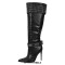 Pointed Toe Stiletto Heels Rhinestones Straps Knee Highs Winter Booties - Black Faux Leather