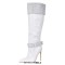 Pointed Toe Stiletto Heels Rhinestones Straps Knee Highs Winter Booties - White Faux Leather