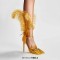 Pointed Open Toe Feather Stiletto Heels Carnivale Samba Dance Sandals - Yellow Satin