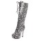 Round Toe Snake Pattern Stiletto Heels Knee Highs Lace Up Platforms Boots - White Black Patent