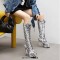 Round Toe Snake Pattern Stiletto Heels Knee Highs Lace Up Platforms Boots - White Black Patent