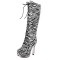 Round Toe Zebra Pattern Stiletto Heels Knee Highs Lace Up Platforms Boots - White Black Patent