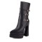 Pointed Toe Three-Row Metal Belt Buckle Double Platforms Ankle Highs Zipper Chunky Heels Boots - Black Faux Leather