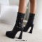 Pointed Toe Three-Row Metal Belt Buckle Double Platforms Ankle Highs Zipper Chunky Heels Boots - Black Faux Leather