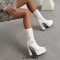 Pointed Toe Three-Row Metal Belt Buckle Double Platforms Ankle Highs Zipper Chunky Heels Boots - White Faux Leather