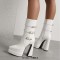 Pointed Toe Three-Row Metal Belt Buckle Double Platforms Ankle Highs Zipper Chunky Heels Boots - White Faux Leather