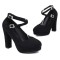 Round Toe Suede Surface Low Platforms Chunky Cuban Heels Ankle Cross Straps Pumps - Black Flock