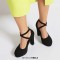 Round Toe Suede Surface Low Platforms Chunky Cuban Heels Ankle Cross Straps Pumps - Black Flock