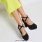Round Toe Suede Surface Low Platforms Chunky Cuban Heels Ankle Cross Straps Pumps - Black Flock