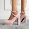 Round Toe Suede Surface Low Platforms Chunky Cuban Heels Ankle Cross Straps Pumps - Pink Flock
