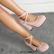 Round Toe Suede Surface Low Platforms Chunky Cuban Heels Ankle Cross Straps Pumps - Pink Flock