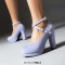 Round Toe Suede Surface Low Platforms Chunky Cuban Heels Ankle Cross Straps Pumps - Purple Flock