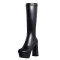 Round Toe Chunky Heels Platforms Knee Highs Elastic Boots - Black or White Faux Leather