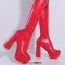Round Toe Chunky Heels Platforms Knee Highs Elastic Boots - Red Faux Leather