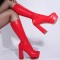 Round Toe Chunky Heels Platforms Knee Highs Elastic Boots - Red Faux Leather