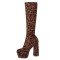 Round Toe Chunky Heels Platforms Knee Highs Elastic Boots - Brown Leopard Flock