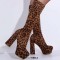 Round Toe Chunky Heels Platforms Knee Highs Elastic Boots - Brown Leopard Flock