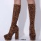 Round Toe Chunky Heels Platforms Knee Highs Elastic Boots - Brown Leopard Flock