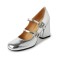 Round Toe Chunky Heels Double Buckle Rhinestones Straps Korean Style Mary Janes Pumps - Silver Leather