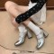 Round Toe Chunky Heels Double Buckle Rhinestones Straps Korean Style Mary Janes Pumps - Silver Leather