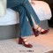 Round Toe Chunky Heels Double Buckle Rhinestones Straps Korean Style Mary Janes Pumps - Wine Leather