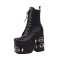 Square Toe Chunky Heels Gothic Punk Metal Belt Buckle Lace Up Ankle Highs Boots - Black Faux Leather