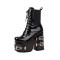 Square Toe Chunky Heels Gothic Punk Metal Belt Buckle Lace Up Ankle Highs Boots - Black Patent