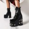 Square Toe Chunky Heels Gothic Punk Metal Belt Buckle Lace Up Ankle Highs Boots - Black Patent
