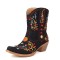 Pointed Toe Embroidered Flower Ankle Highs Chunky Heels Cowboy Boots - Black Flock