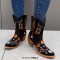 Pointed Toe Embroidered Flower Ankle Highs Chunky Heels Cowboy Boots - Black Flock