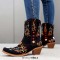 Pointed Toe Embroidered Flower Ankle Highs Chunky Heels Cowboy Boots - Black Flock