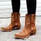 Pointed Toe Embroidered Flower Ankle Highs Chunky Heels Cowboy Boots - Brown Flock