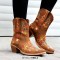 Pointed Toe Embroidered Flower Ankle Highs Chunky Heels Cowboy Boots - Brown Flock