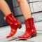 Pointed Toe Embroidered Flower Ankle Highs Chunky Heels Cowboy Boots - Red Flock