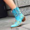Pointed Toe Embroidered Flower Ankle Highs Chunky Heels Cowboy Boots - SkyBlue Flock
