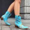 Pointed Toe Embroidered Flower Ankle Highs Chunky Heels Cowboy Boots - SkyBlue Flock