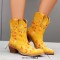 Pointed Toe Embroidered Flower Ankle Highs Chunky Heels Cowboy Boots - Yellow Flock