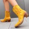 Pointed Toe Embroidered Flower Ankle Highs Chunky Heels Cowboy Boots - Yellow Flock