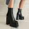 Round Toe Platforms Chunky Heels Side Zipper Ankle Highs Booties - Black Faux Leather