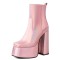Round Toe Platforms Chunky Heels Side Zipper Ankle Highs Booties - Pink Faux Leather