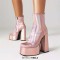 Round Toe Platforms Chunky Heels Side Zipper Ankle Highs Booties - Pink Faux Leather