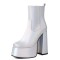 Round Toe Platforms Chunky Heels Side Zipper Ankle Highs Booties - Silver Faux Leather