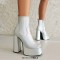 Round Toe Platforms Chunky Heels Side Zipper Ankle Highs Booties - Silver Faux Leather
