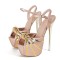 Peep Toe Platforms Ankle Buckle Straps Golden Stiletto Heels Club Sandals - Apricot Faux Leather