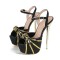 Peep Toe Platforms Ankle Buckle Straps Golden Stiletto Heels Club Sandals - Black Faux Leather
