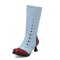 Round Toe Knee High Vintage Side Zipper Cubic Kitten Heels Rivets Boots - Blue Faux Leather