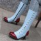 Round Toe Knee High Vintage Side Zipper Cubic Kitten Heels Rivets Boots - Blue Faux Leather